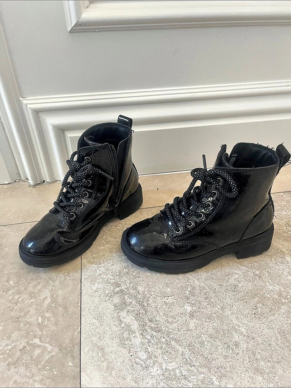Little Girls Black Glitter Combat Boots
